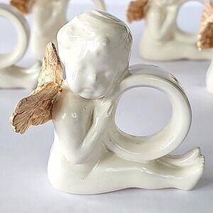 Vtg Ceramic Cherub Angel Napkin Rings Set 5 Gold Wings Cream Cottagecore Grandma